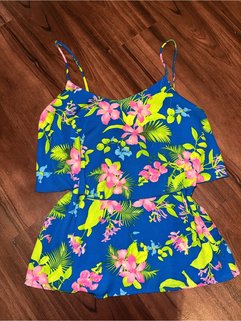Women’s Blue Tropical Floral Tank with Pink & Lime Accents